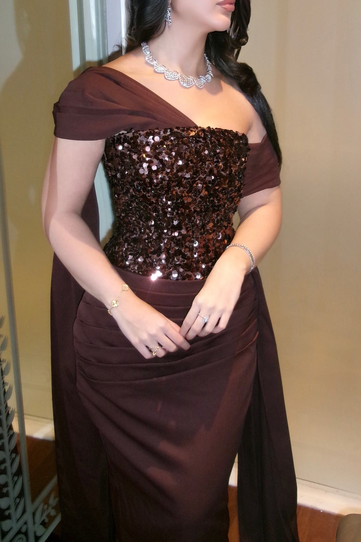 Sequin Bodice Asymmetrical Gown with Ruched Skirt
