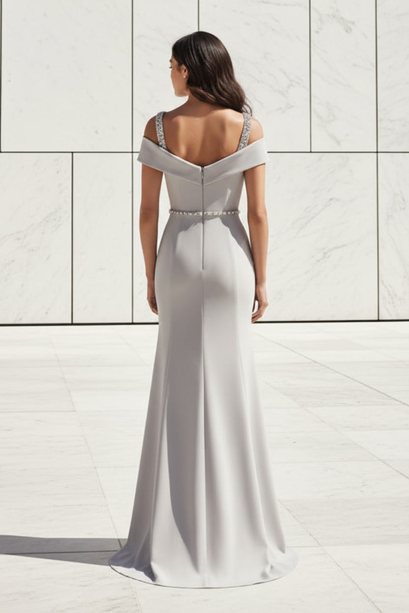 Off Shoulder Mermaid Gown with Beaded Straps & Belt