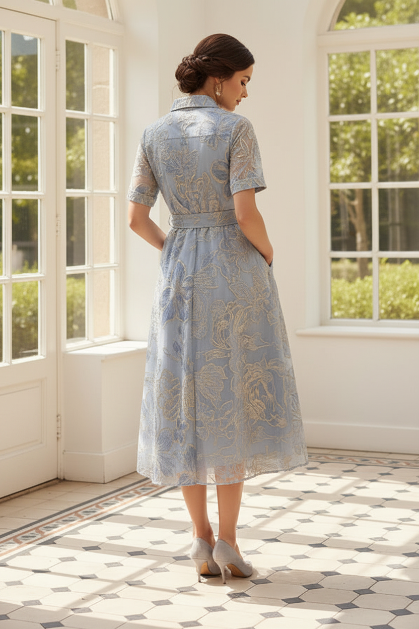 Floral Jacquard Shirt Midi Dress with Sash