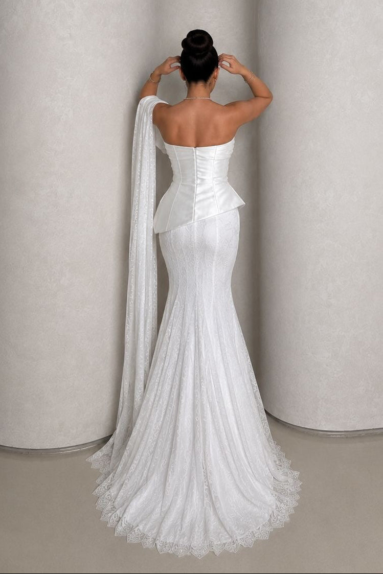 Peplum Bodice Lace Mermaid Gown with Shoulder Drape