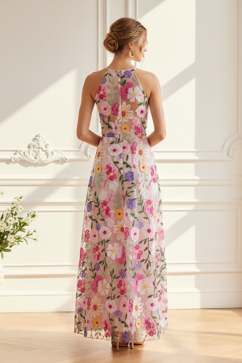 Floral Embroidered Halter Maxi Dress
