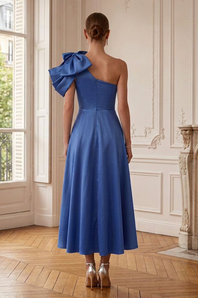 One-Shoulder Bow Midi A-Line Dress