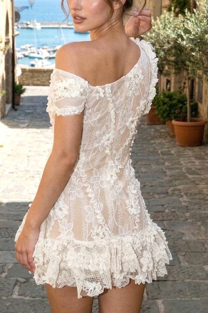 Asymmetrical Lace Mini Dress with 3D Flowers