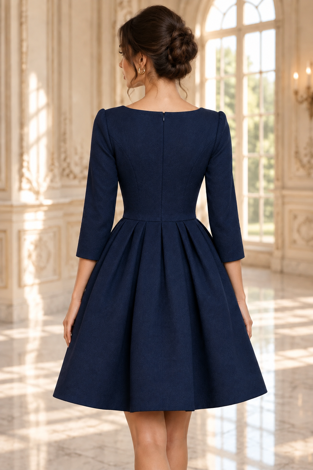 Bateau Neck Long Sleeve Pleated A-Line Dress