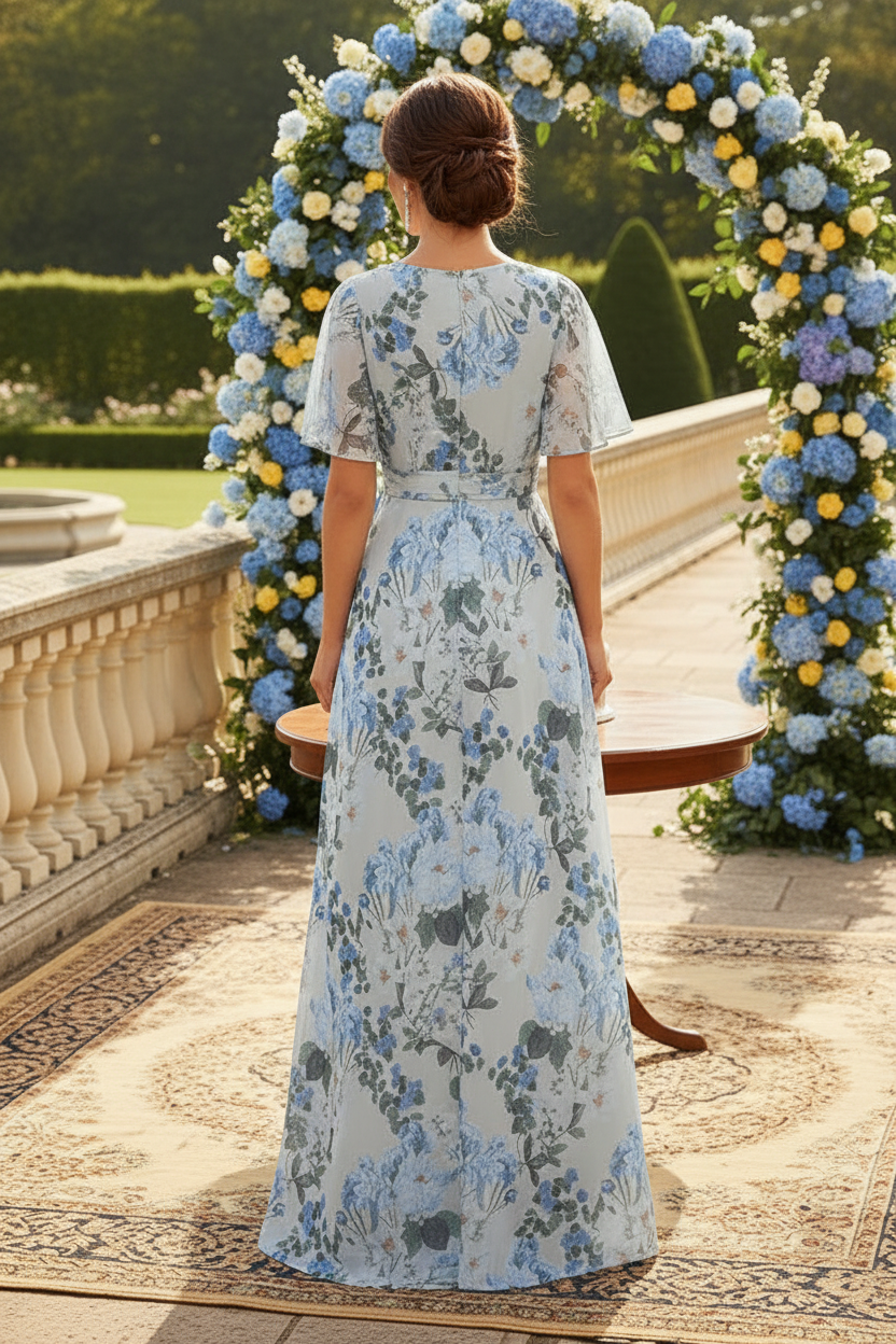 Floral V-Neck Flutter Sleeve Maxi Dress with Slit