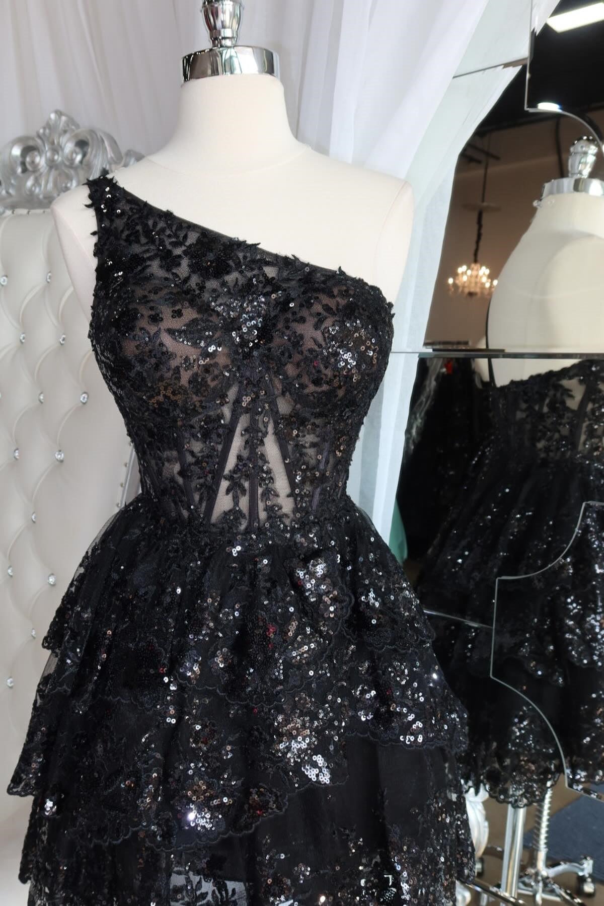 One-Shoulder Corset Tiered Lace Homecoming Dress