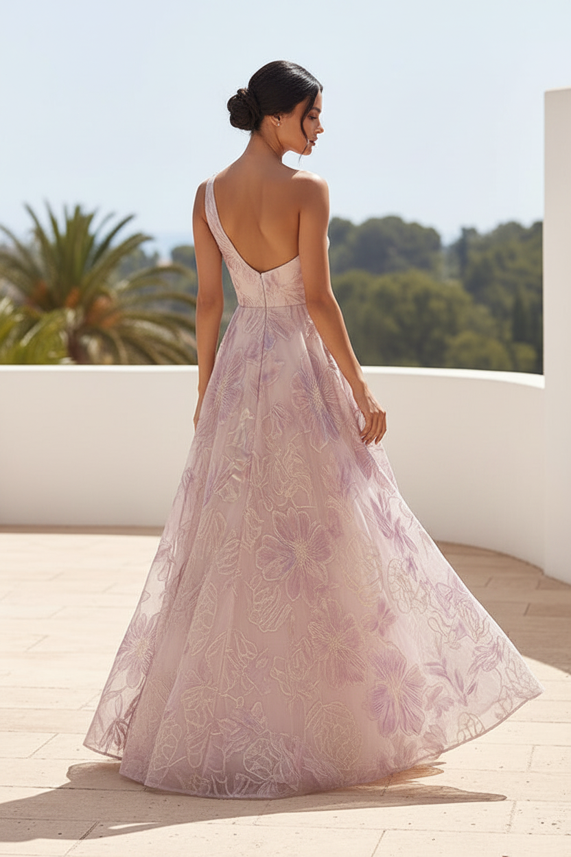 One-Shoulder Floral Jacquard A-Line Evening Gown