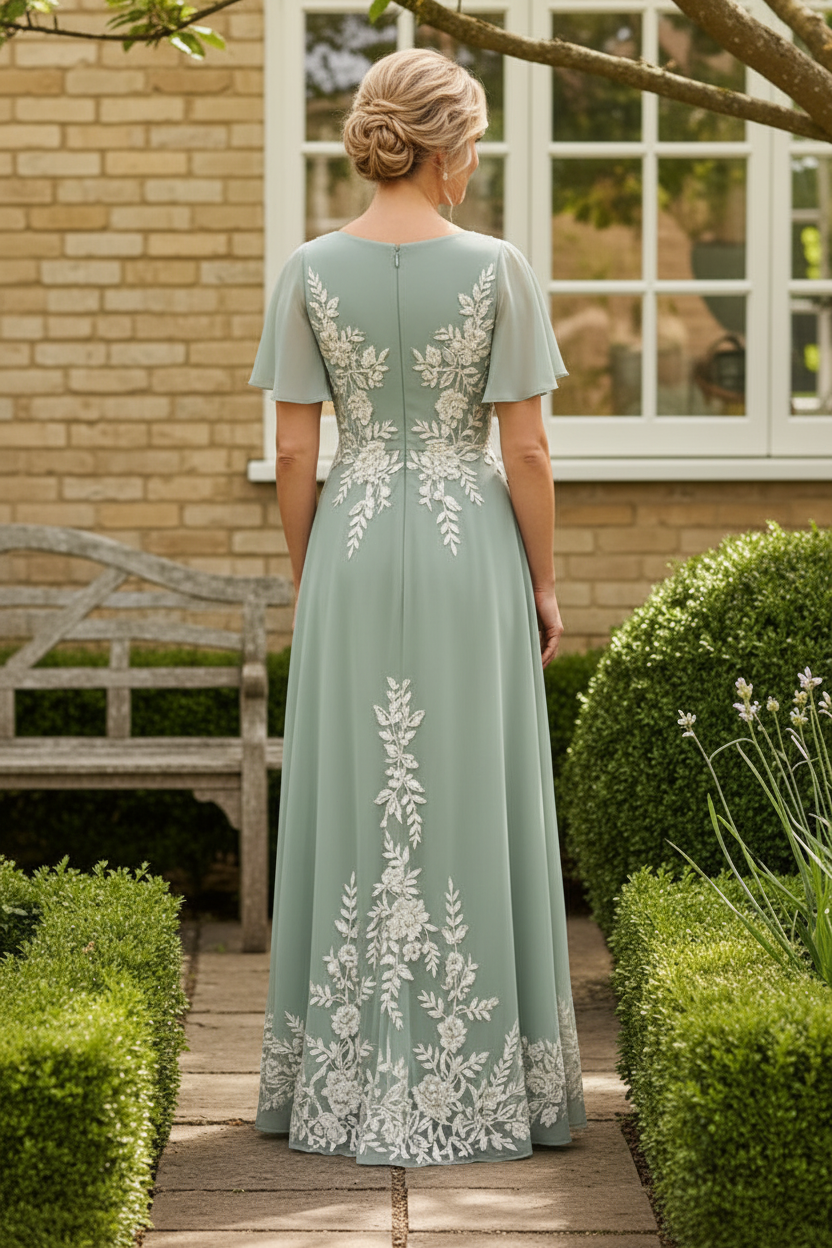 Floral Lace Applique Chiffon Wrap Maxi Dress