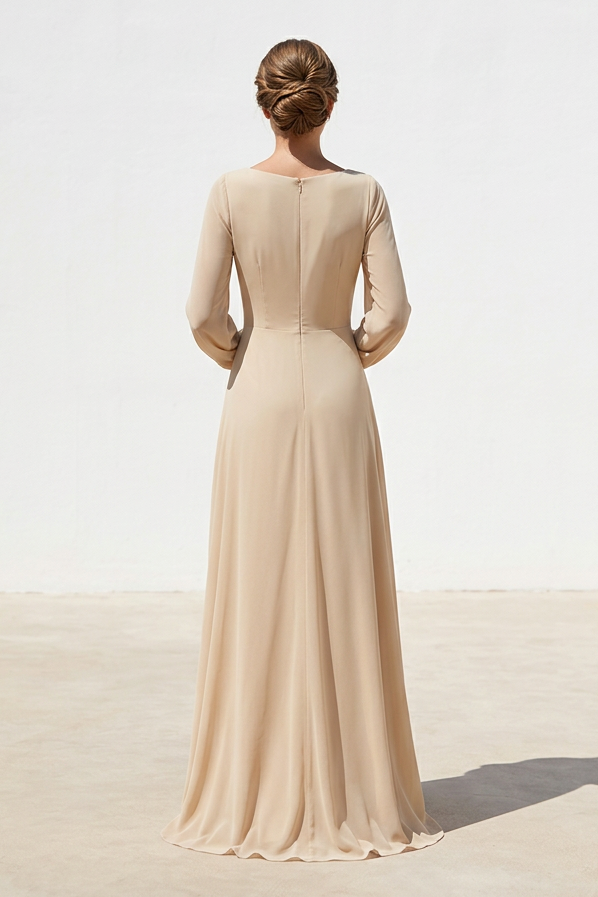 Embroidered Long Sleeve A-Line Evening Gown