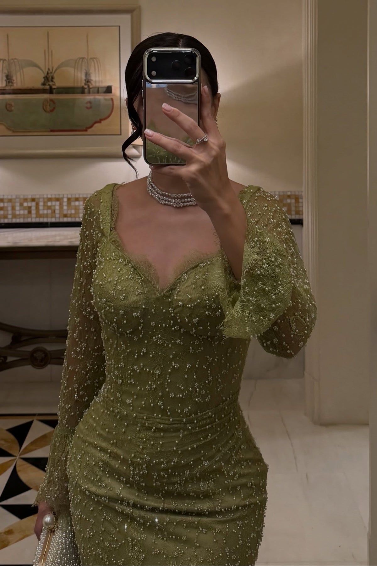 Beaded Long Sleeve Corset Bodice Evening Gown