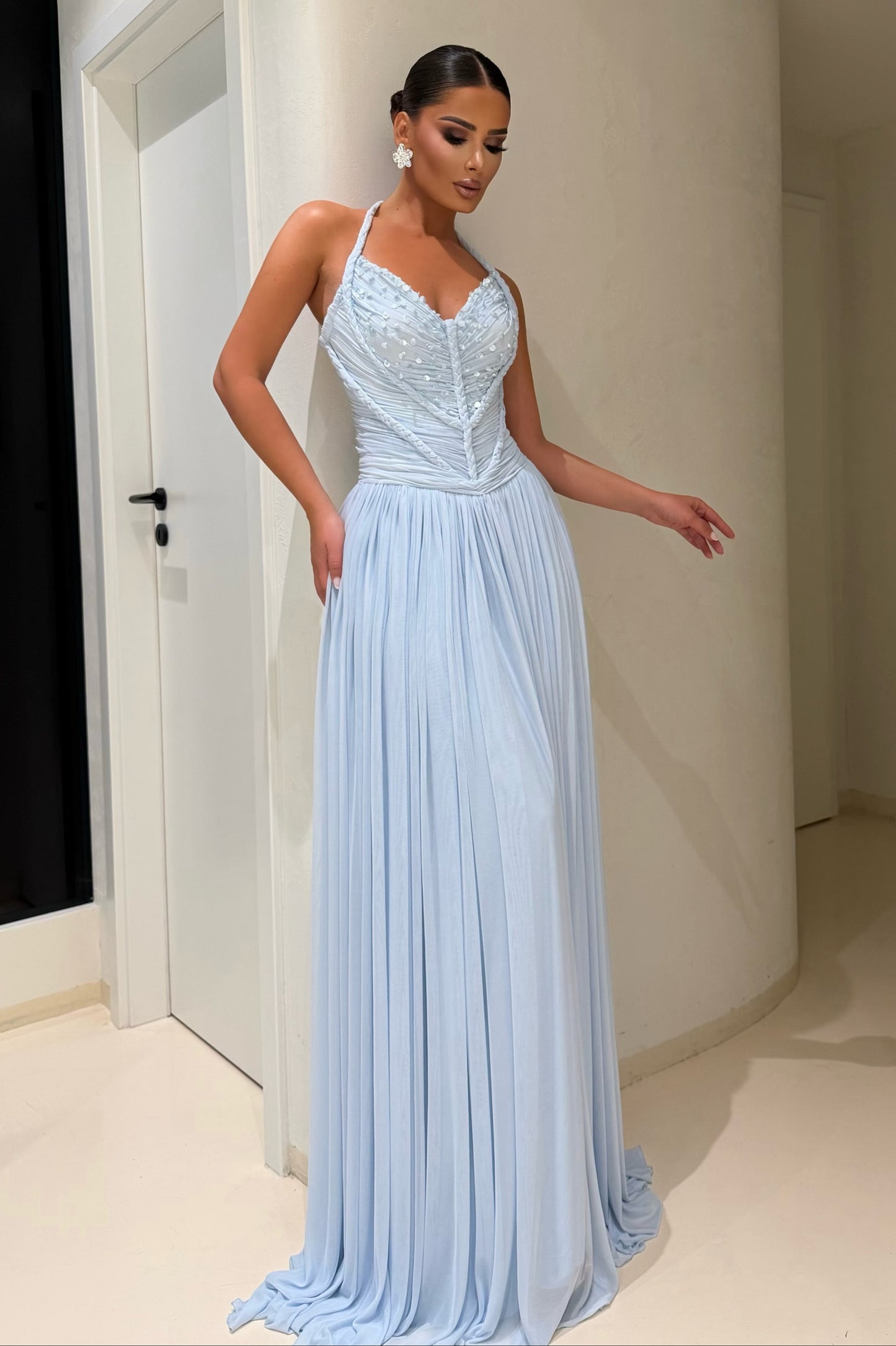 Pleated Halter Gown with Beaded Corset Bodice