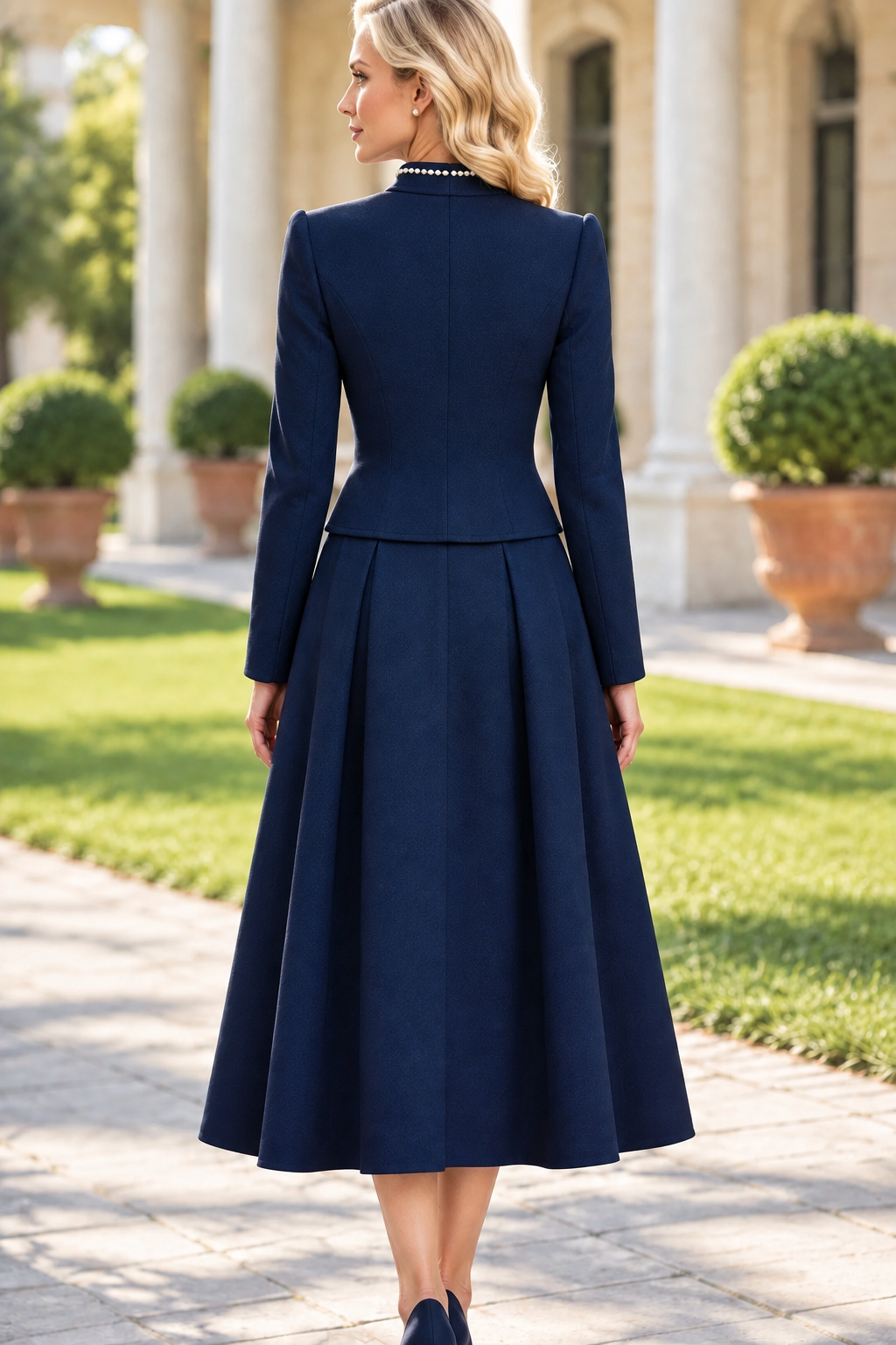 Pearl-Trimmed Stand Collar Jacket and Pleated Midi Skirt Set