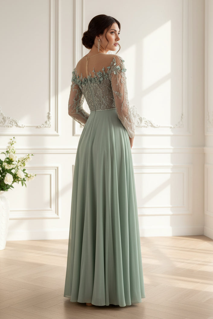 Illusion Long Sleeve A-Line Chiffon Evening Gown