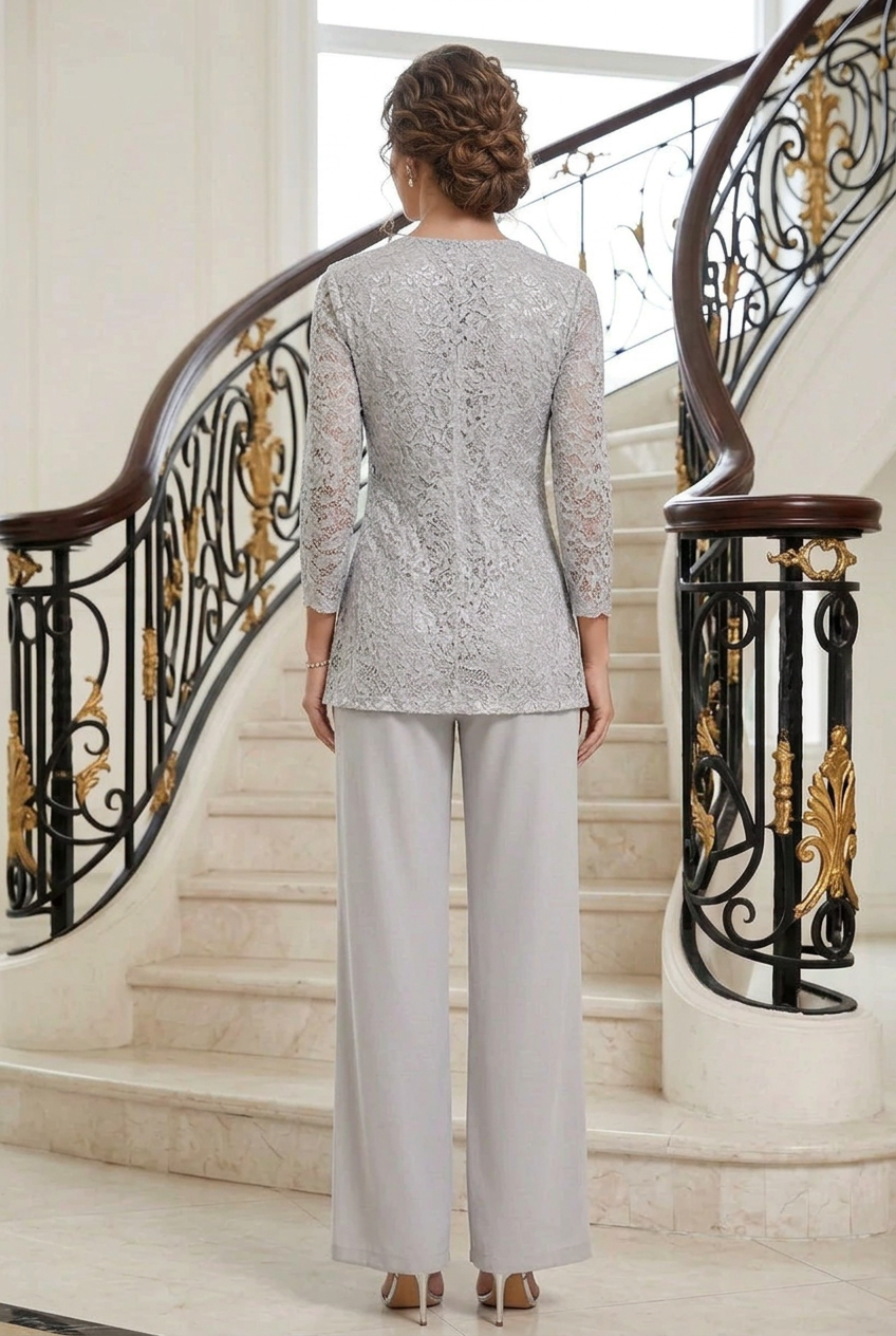 Lace Tunic and Wide-Leg Pantsuit Set