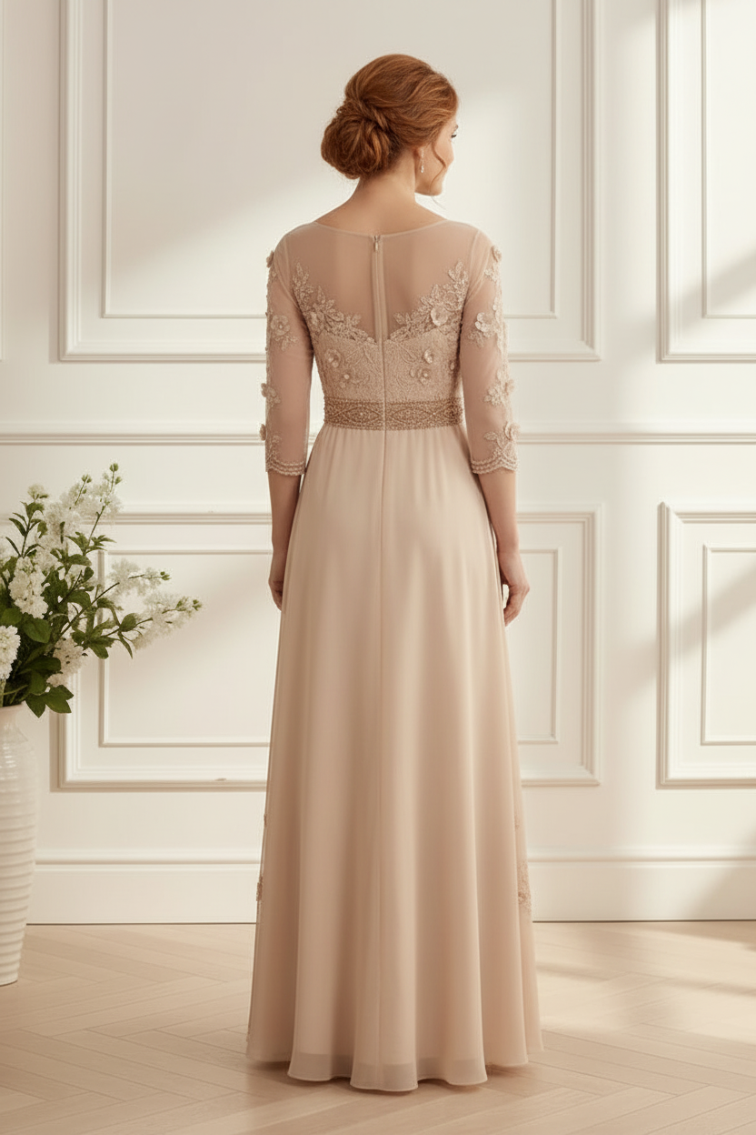Illusion 3/4 Sleeve A-Line Chiffon Gown