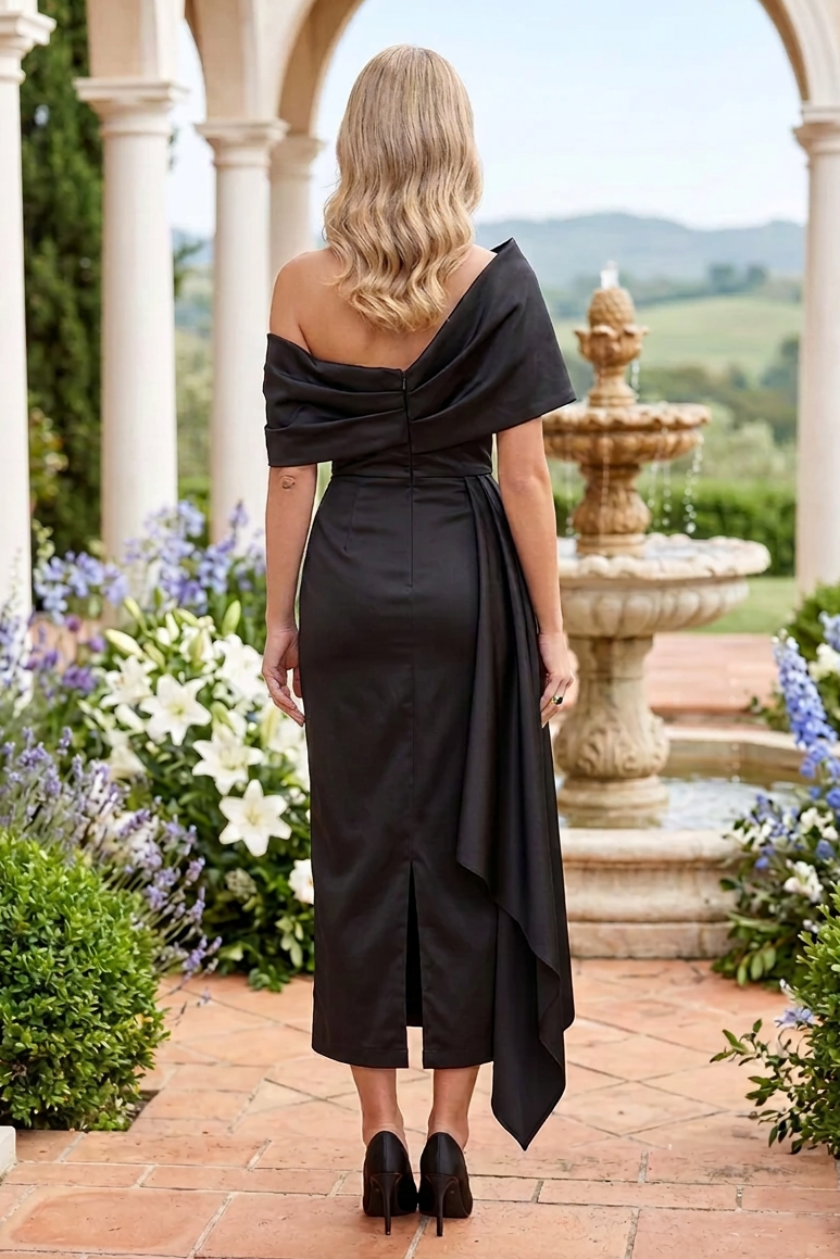 One-Shoulder Drape Midi Dress with Side Cascade