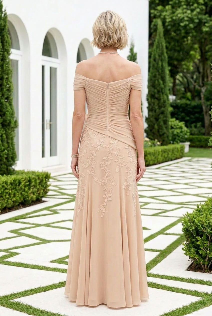 Off-the-Shoulder Floral Applique Evening Dress