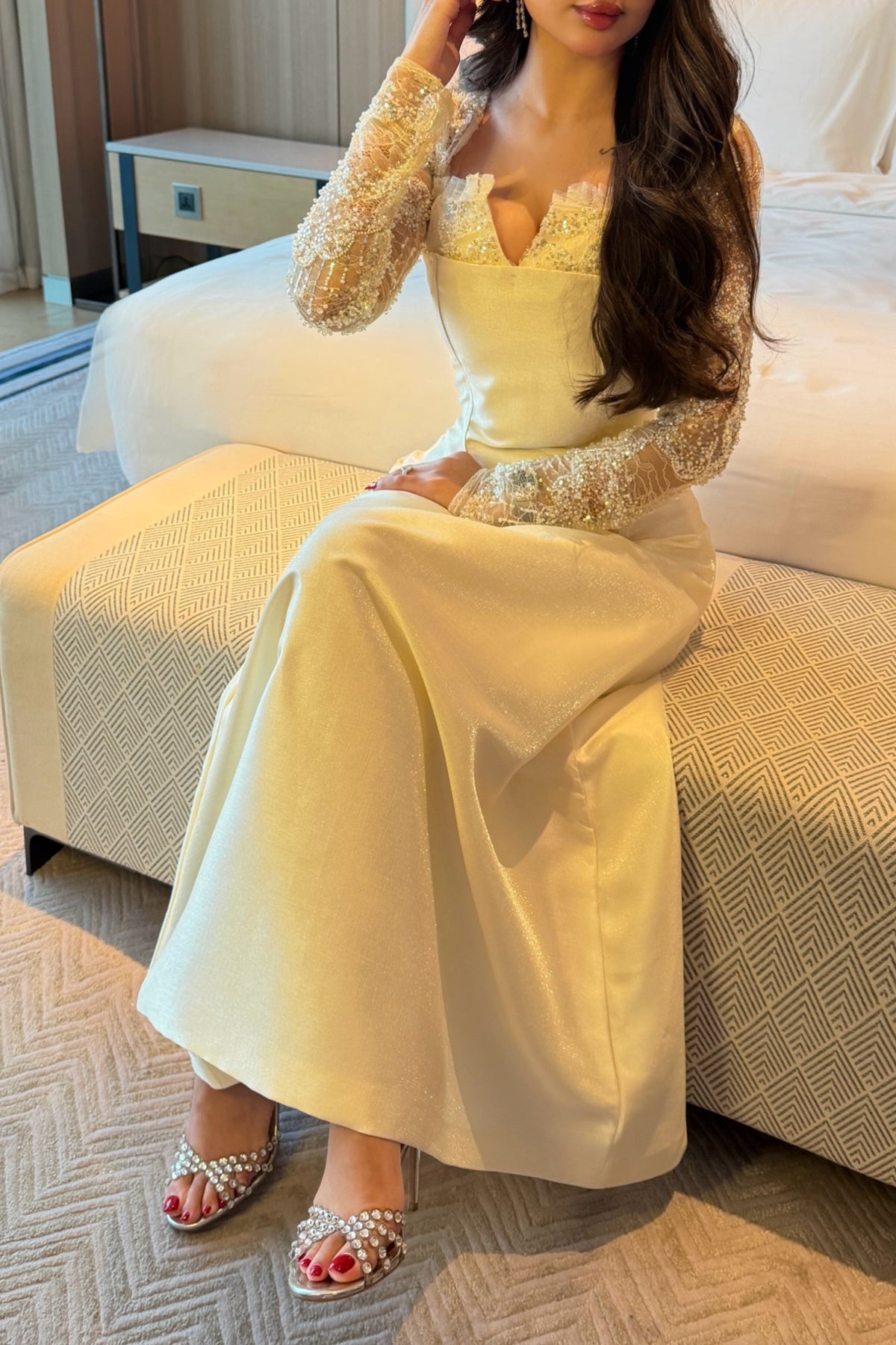 Beaded Long Sleeve A-Line Formal Gown