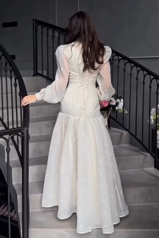 High-Neck Lace-Up Mermaid Gown with Long Sleeves