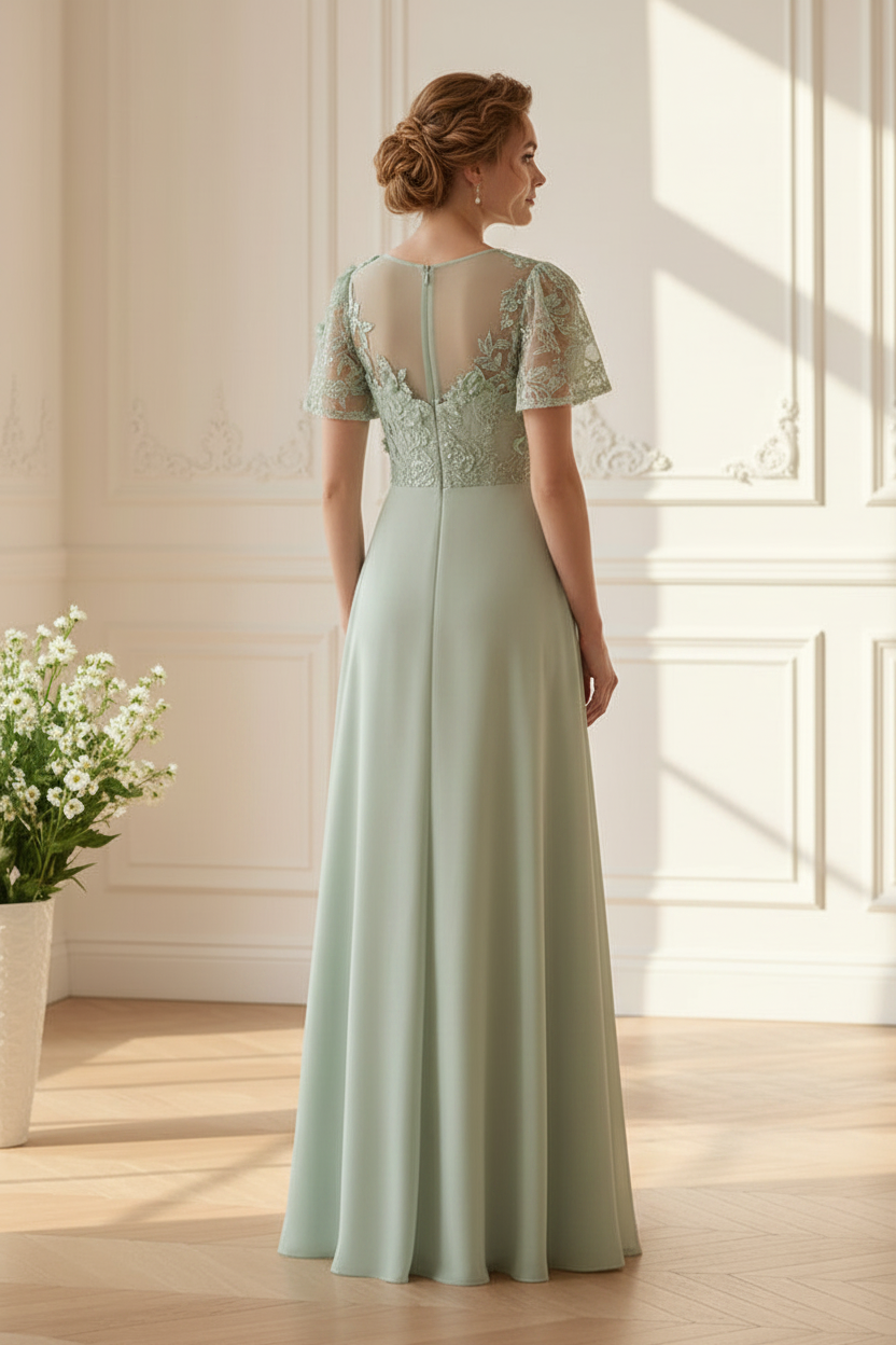 V-Neck A-Line Chiffon Dress with 3D Flowers
