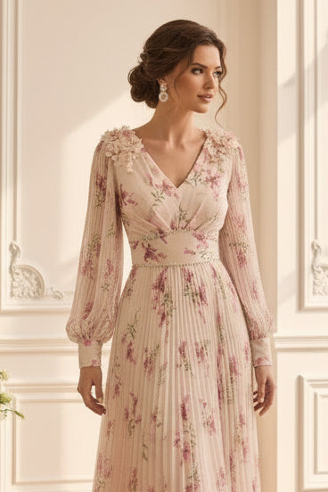 Floral Chiffon Maxi Dress with Pleated Sleeves