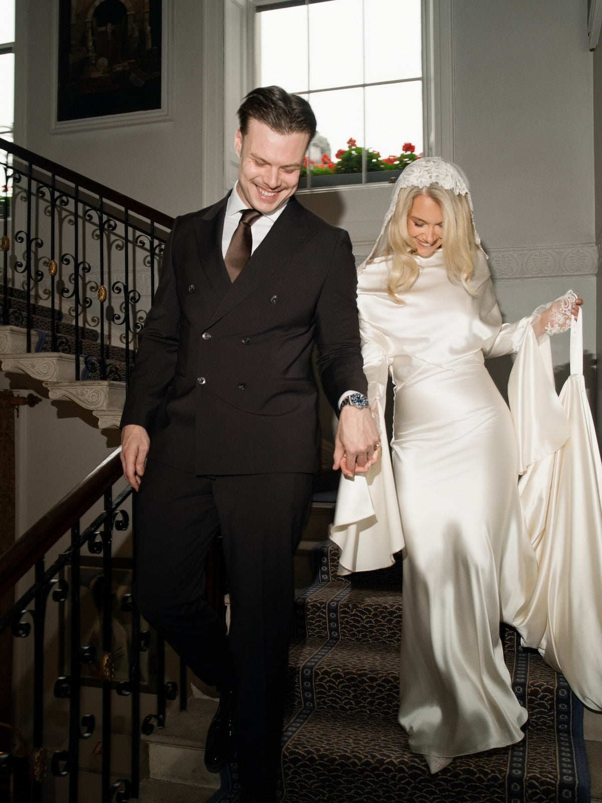 Satin Sheath Wedding Dress with Draped Sleeves