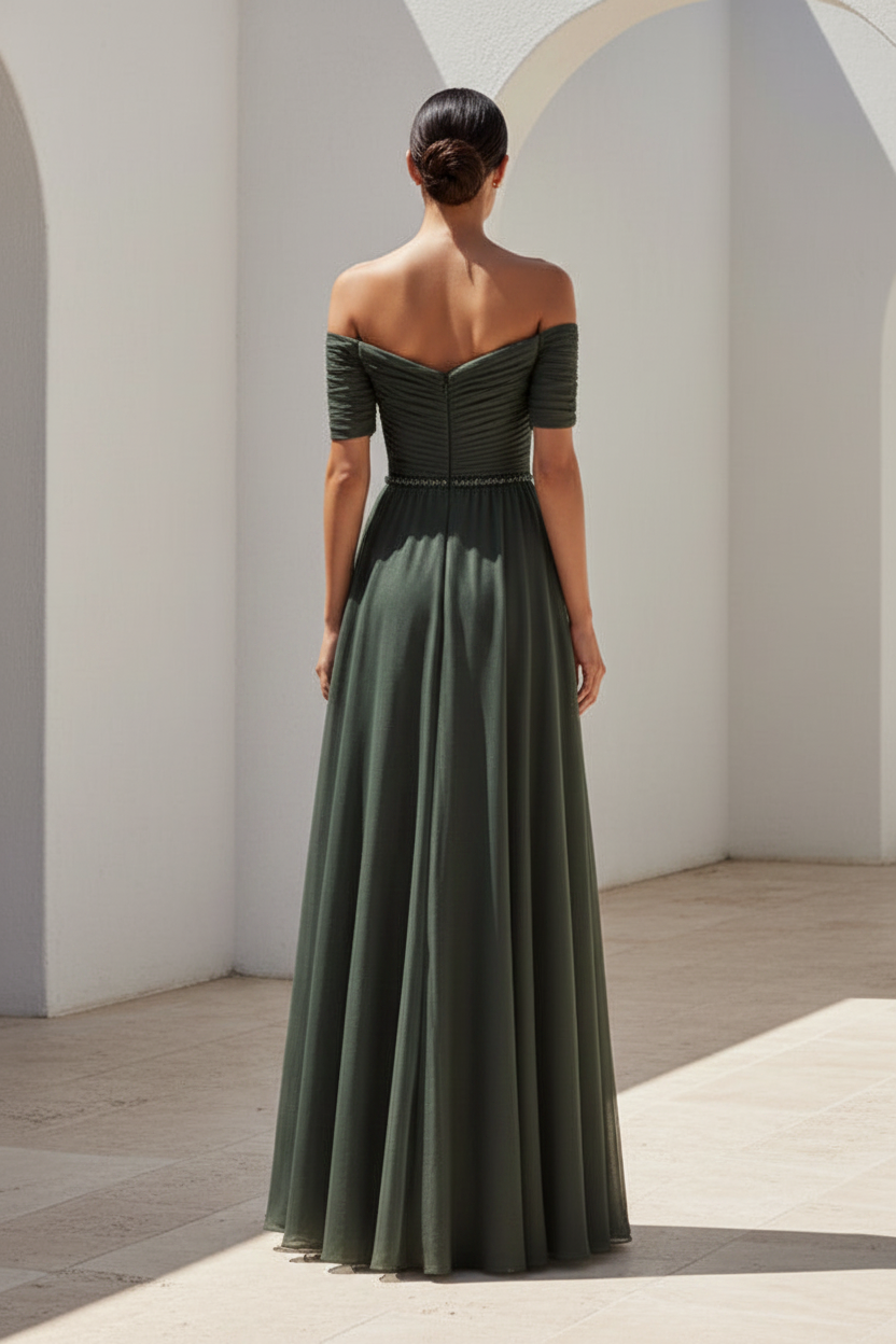 Off Shoulder Ruched Bodice Chiffon A-Line Gown