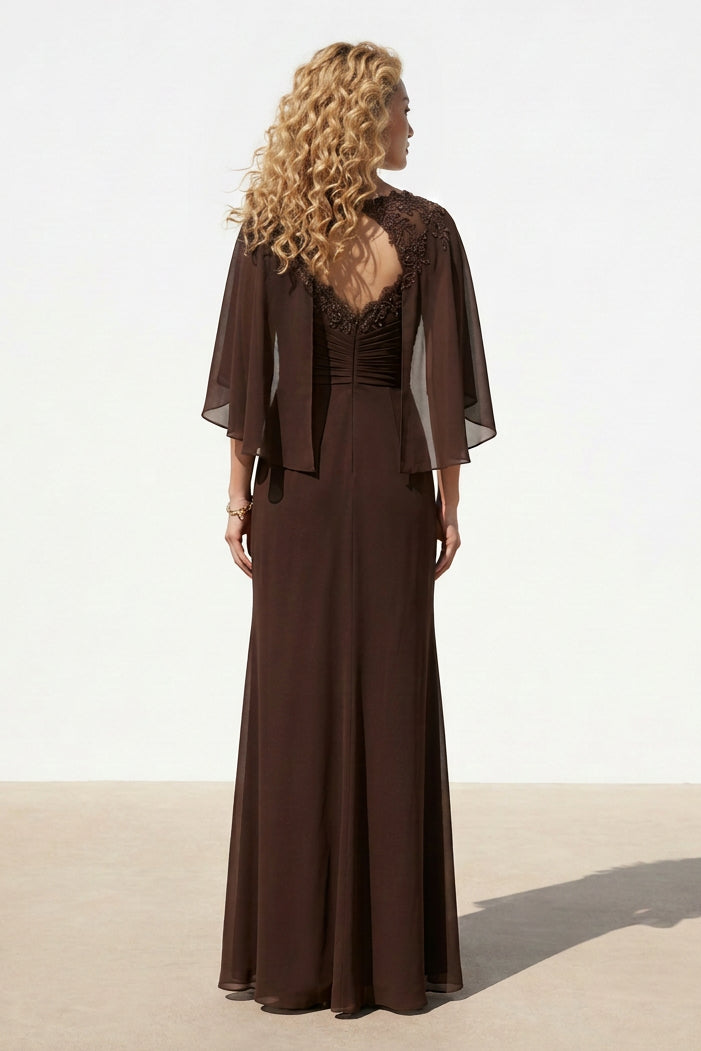 Ruched Chiffon Gown with Cape Sleeves