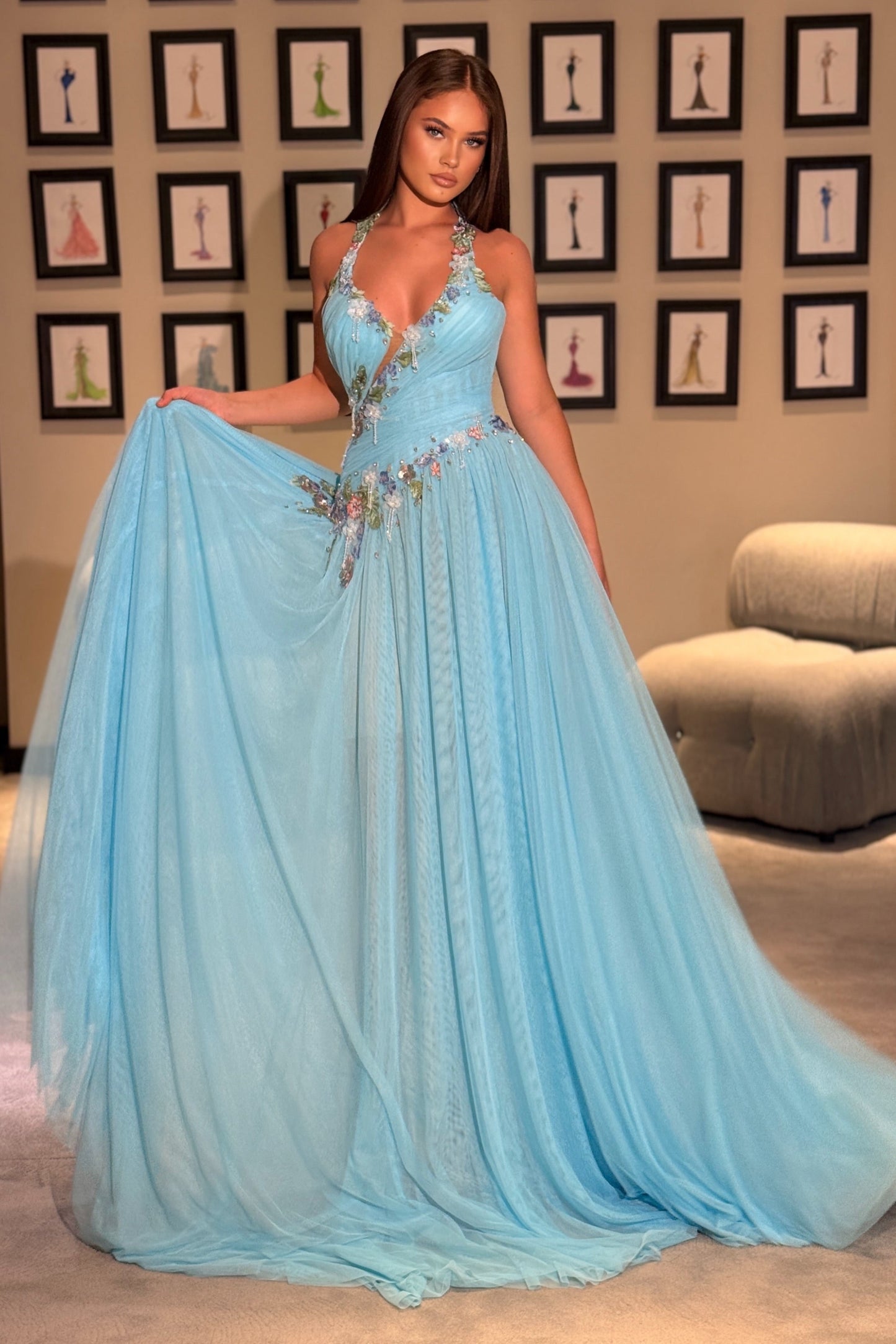 Floral Applique Halter Tulle A-Line Gown