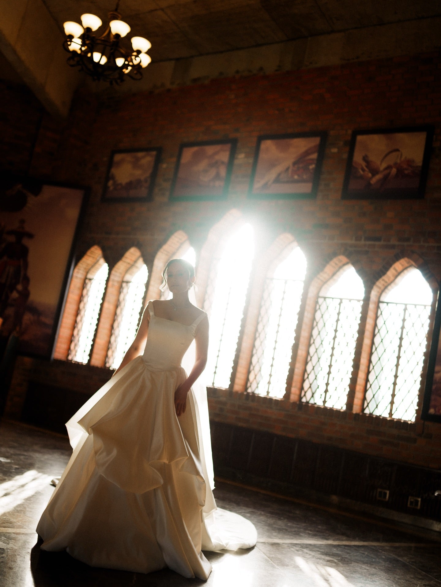 Satin Ball Gown with Tiered Skirt Cathedral Train Wedding Dress