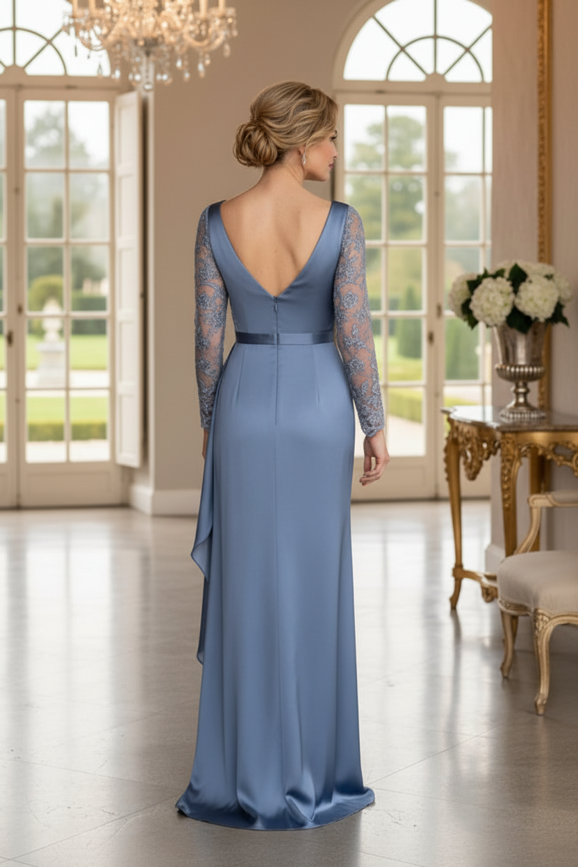 Long Sleeve Lace Applique Satin Evening Gown