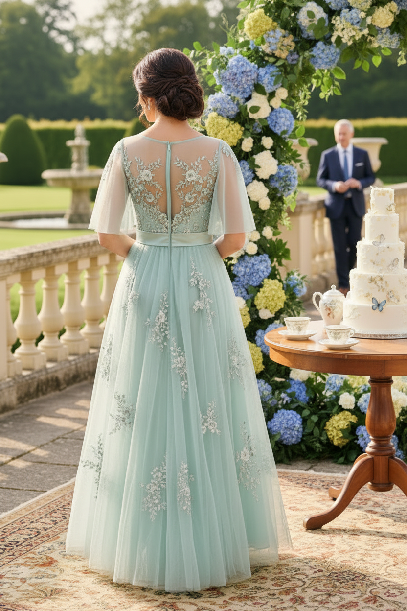 Floral Embroidered Illusion Cape Sleeve Tulle Gown