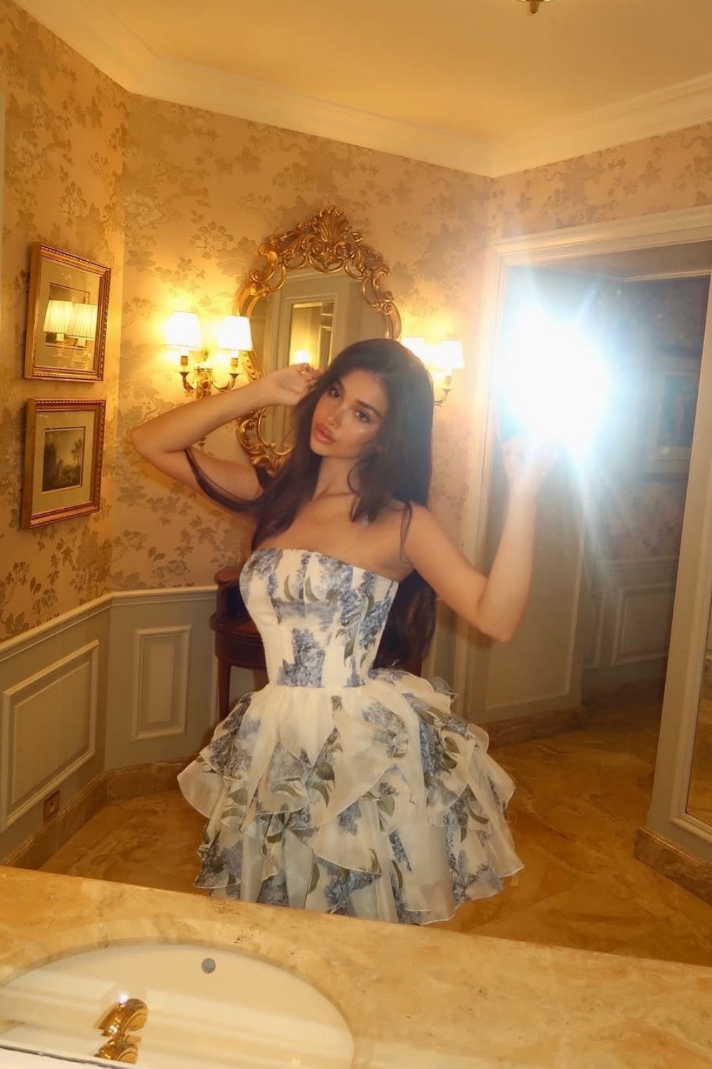 Strapless Floral Corset Tiered Mini Dress