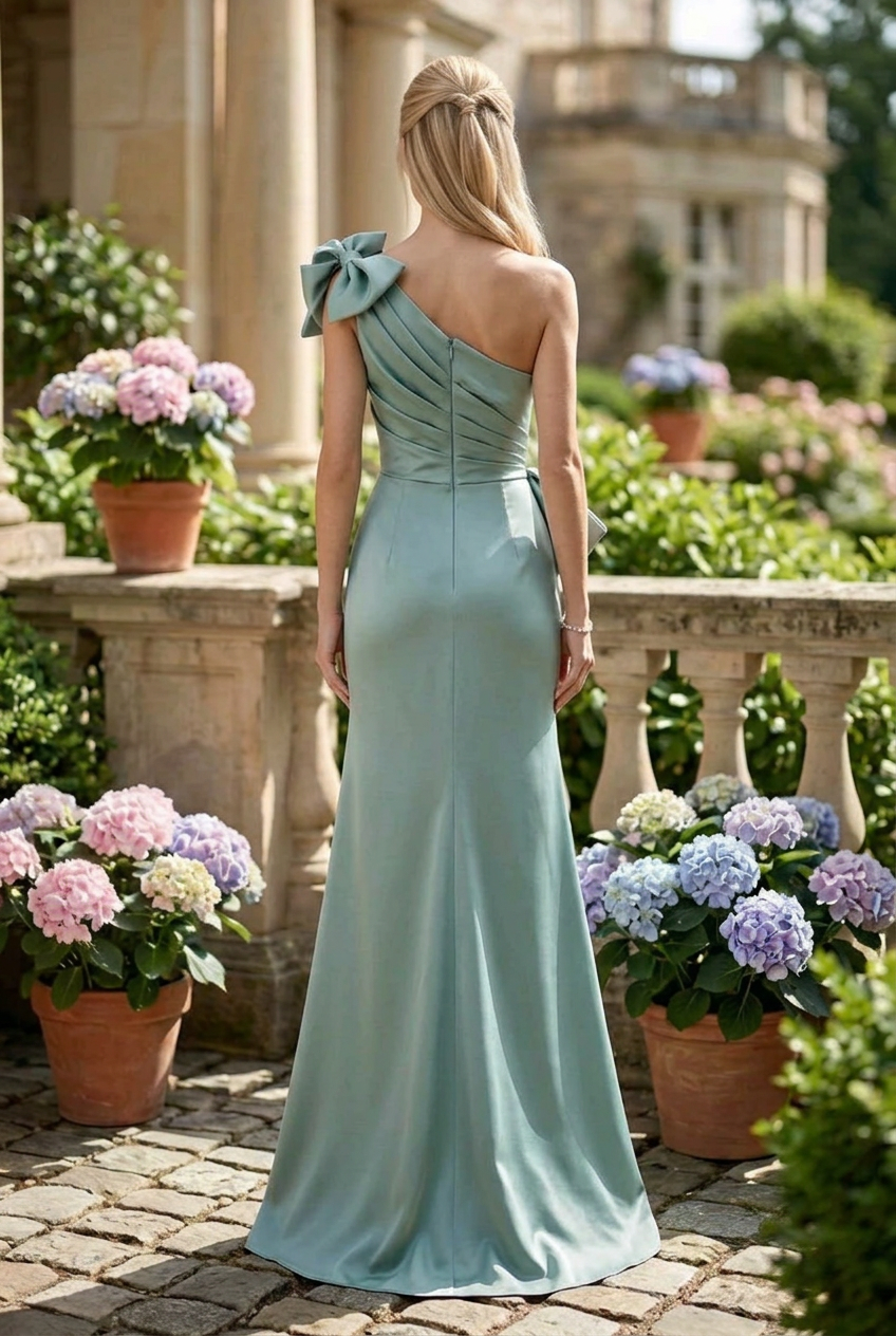 One-Shoulder Pleated Gown with Bow Accent