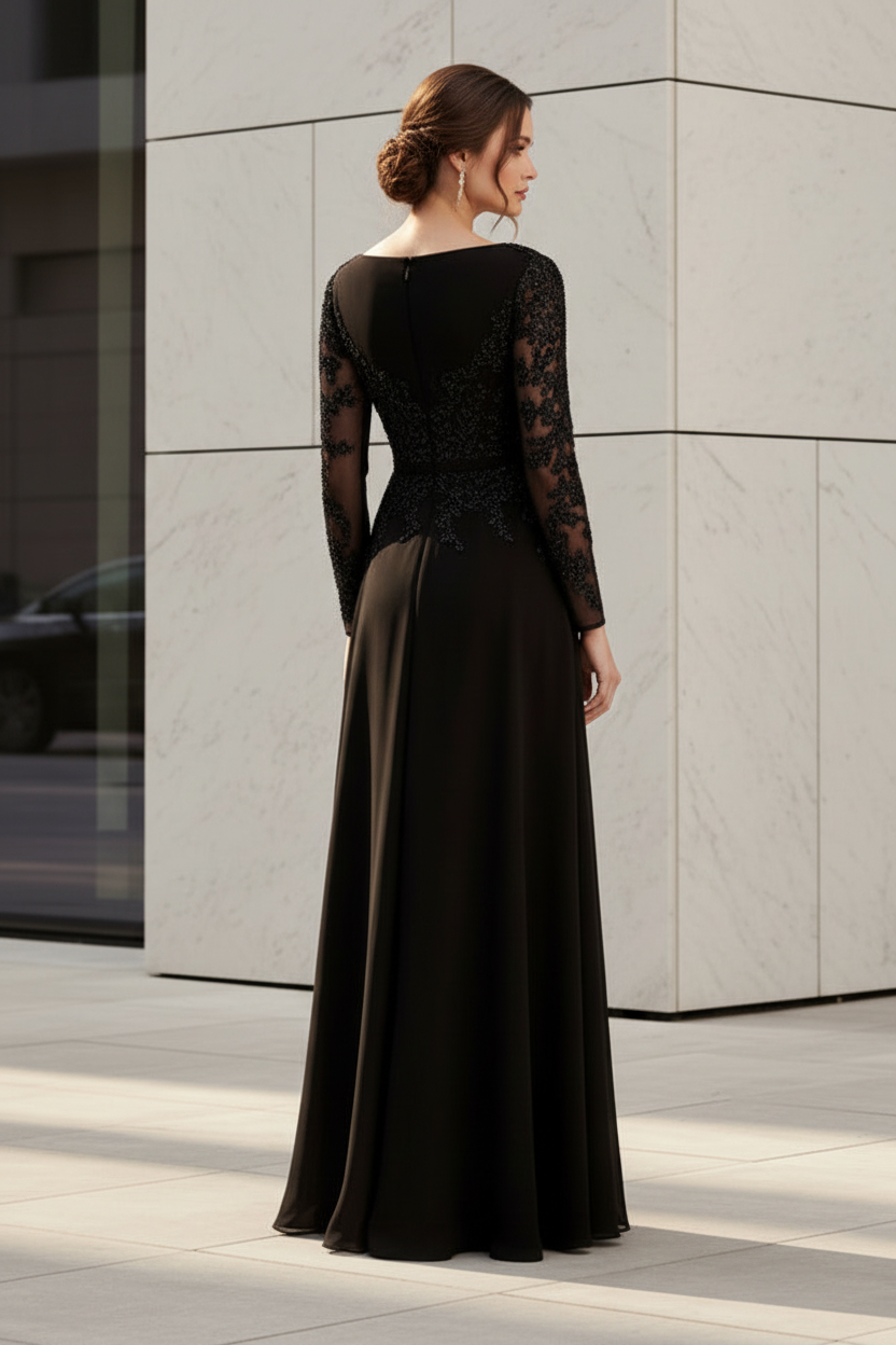 Beaded Long Sleeve A-Line Evening Gown