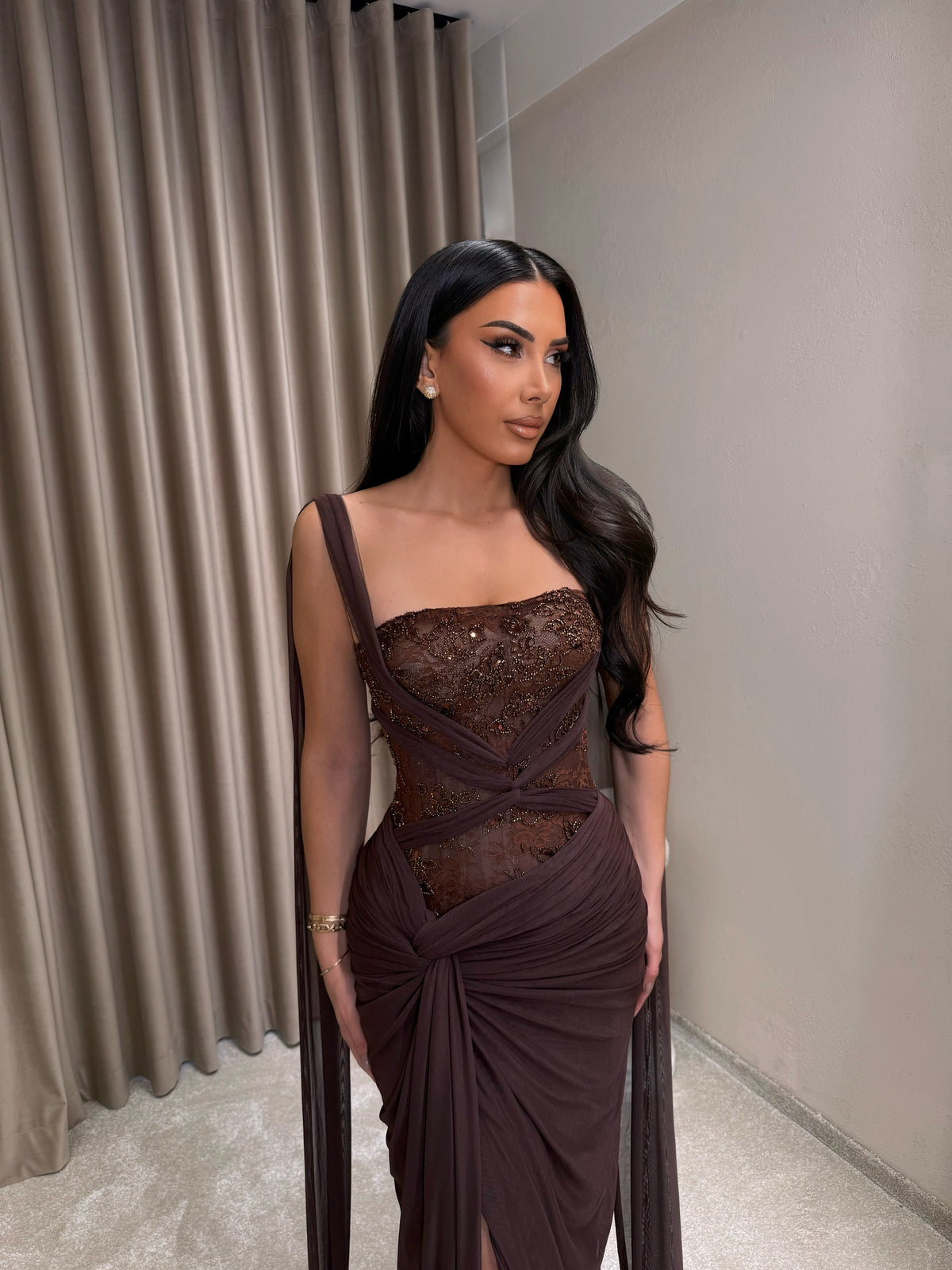 Corset Evening Gown with Beaded Bodice & Cape Straps