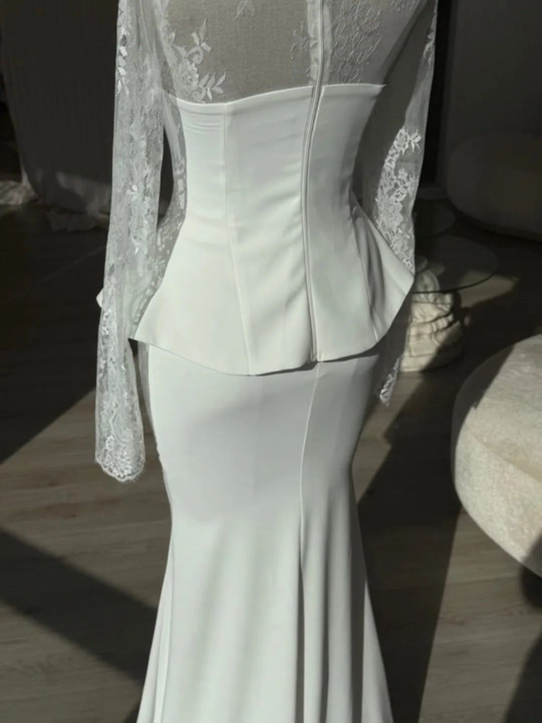 Illusion Lace Long Sleeve Peplum Mermaid Gown