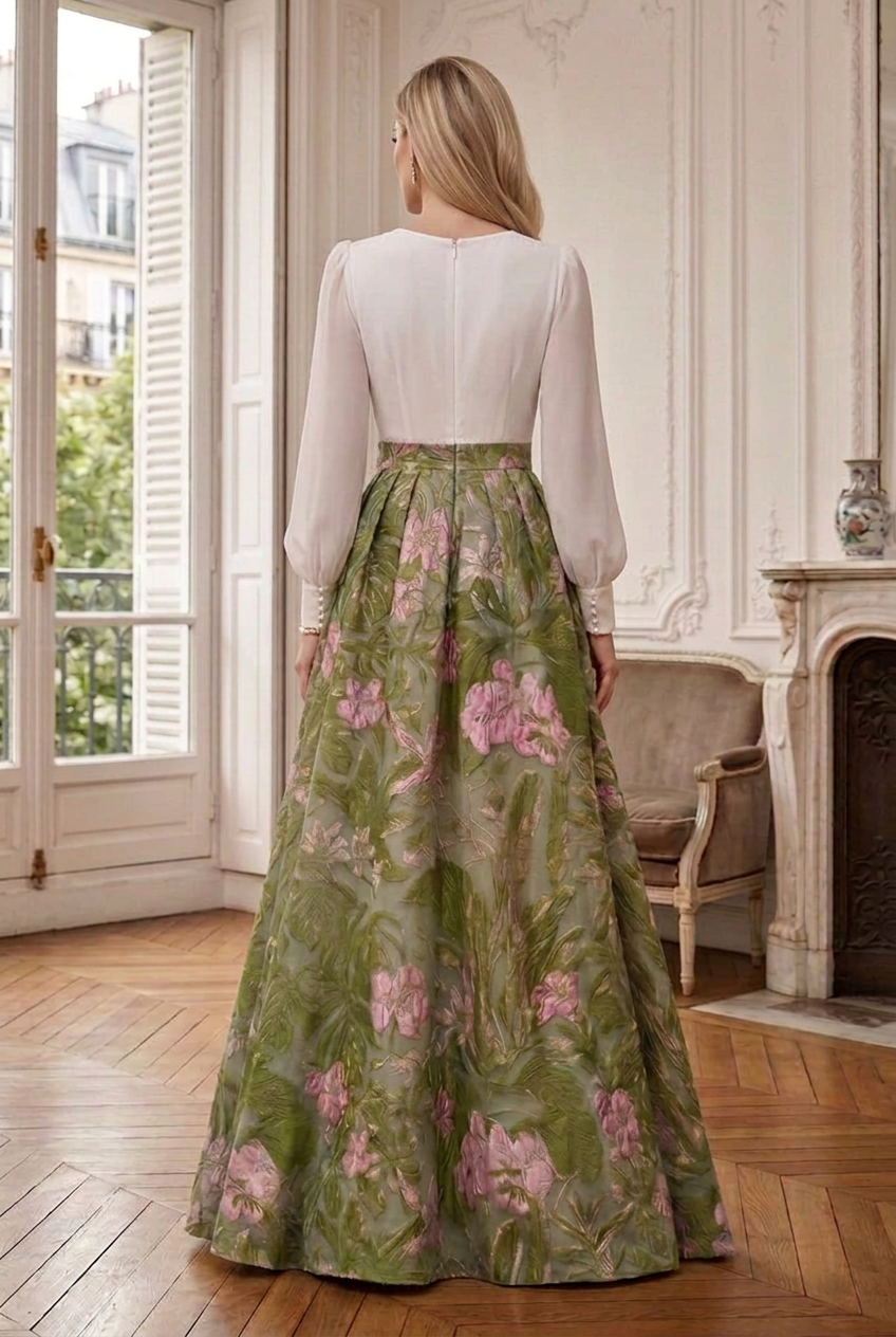 V-Neck Long Sleeve Gown with Jacquard Maxi Skirt