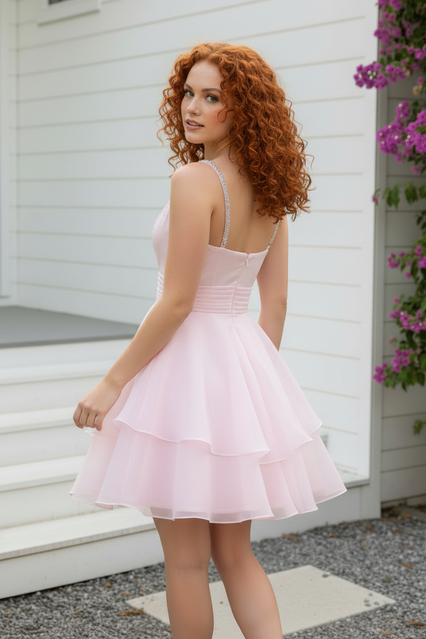 Tiered Short Dress with Beaded V-Neck