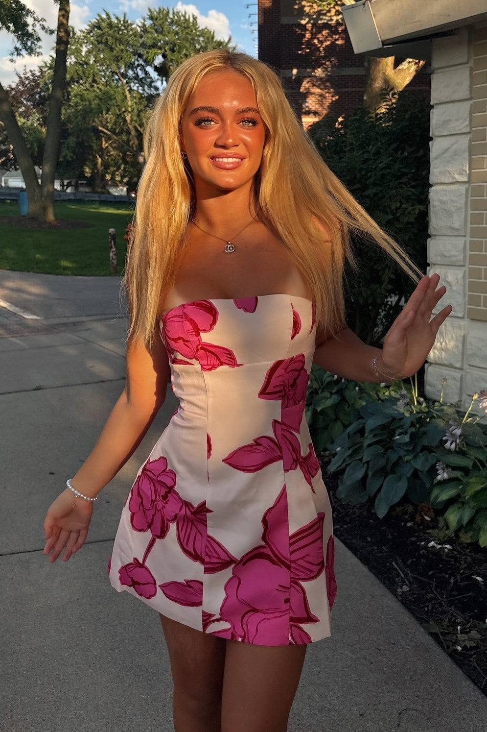 Strapless Floral Print Satin Mini Dress