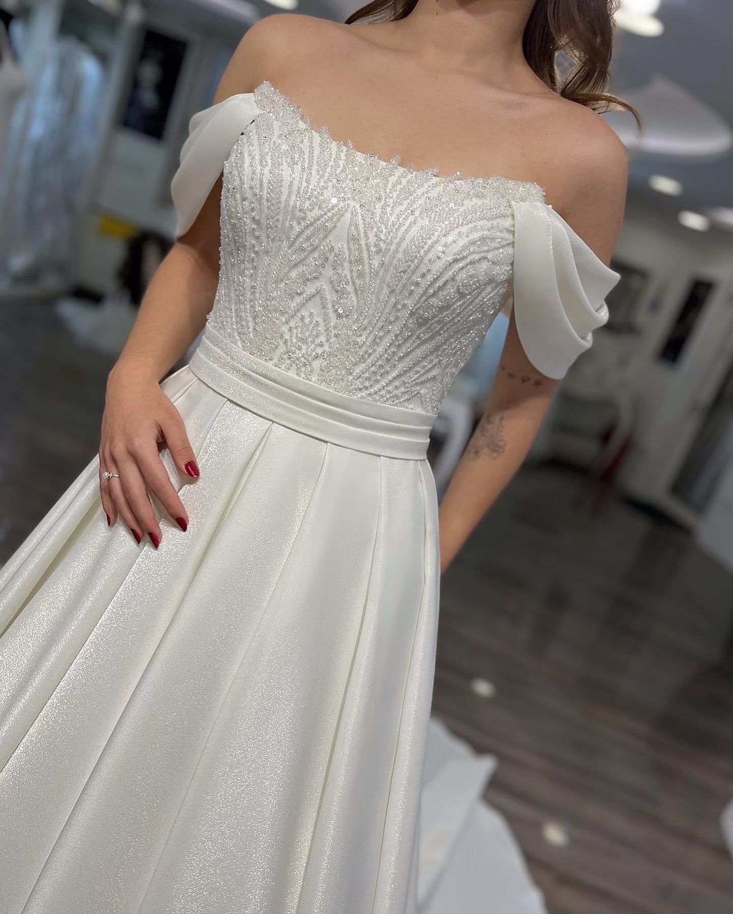 Beaded Off-the-Shoulder Corset Back Wedding Dress