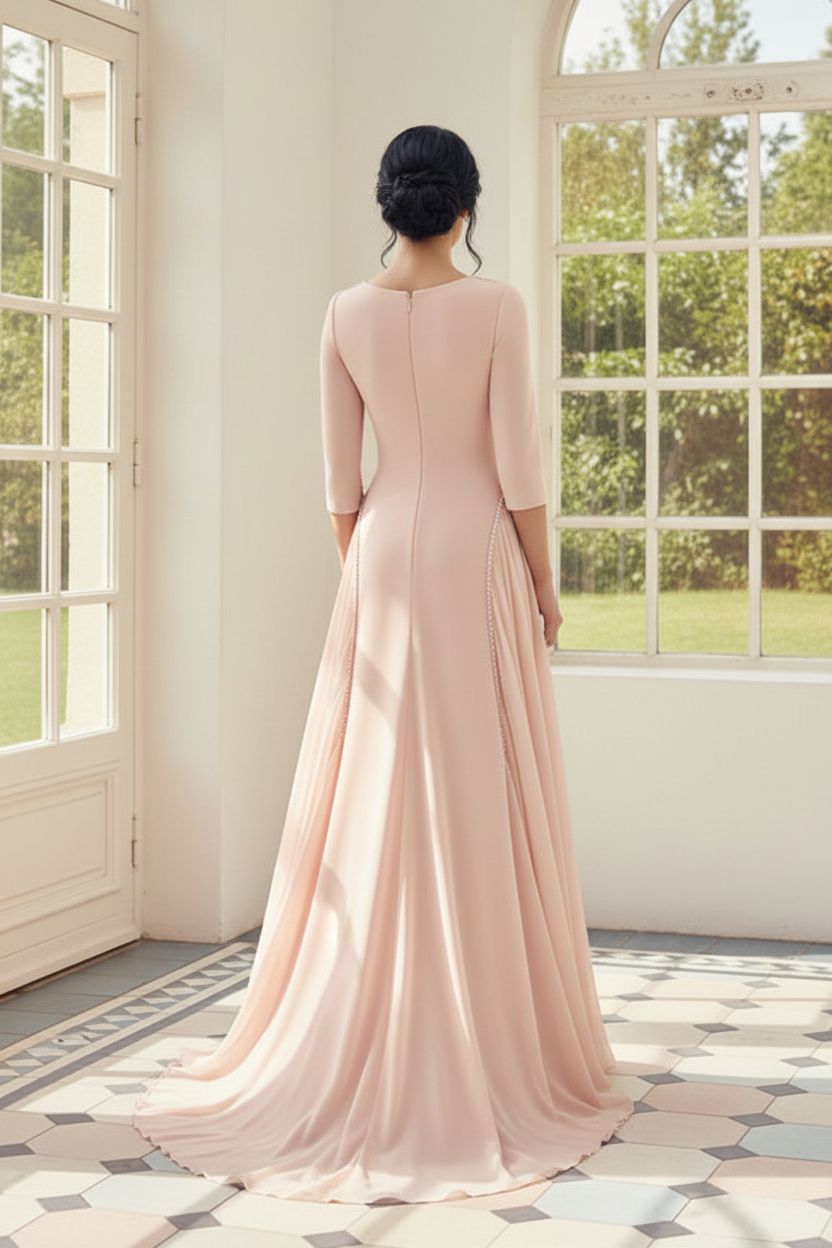 V-Neck Crepe Gown with Draped Chiffon Skirt