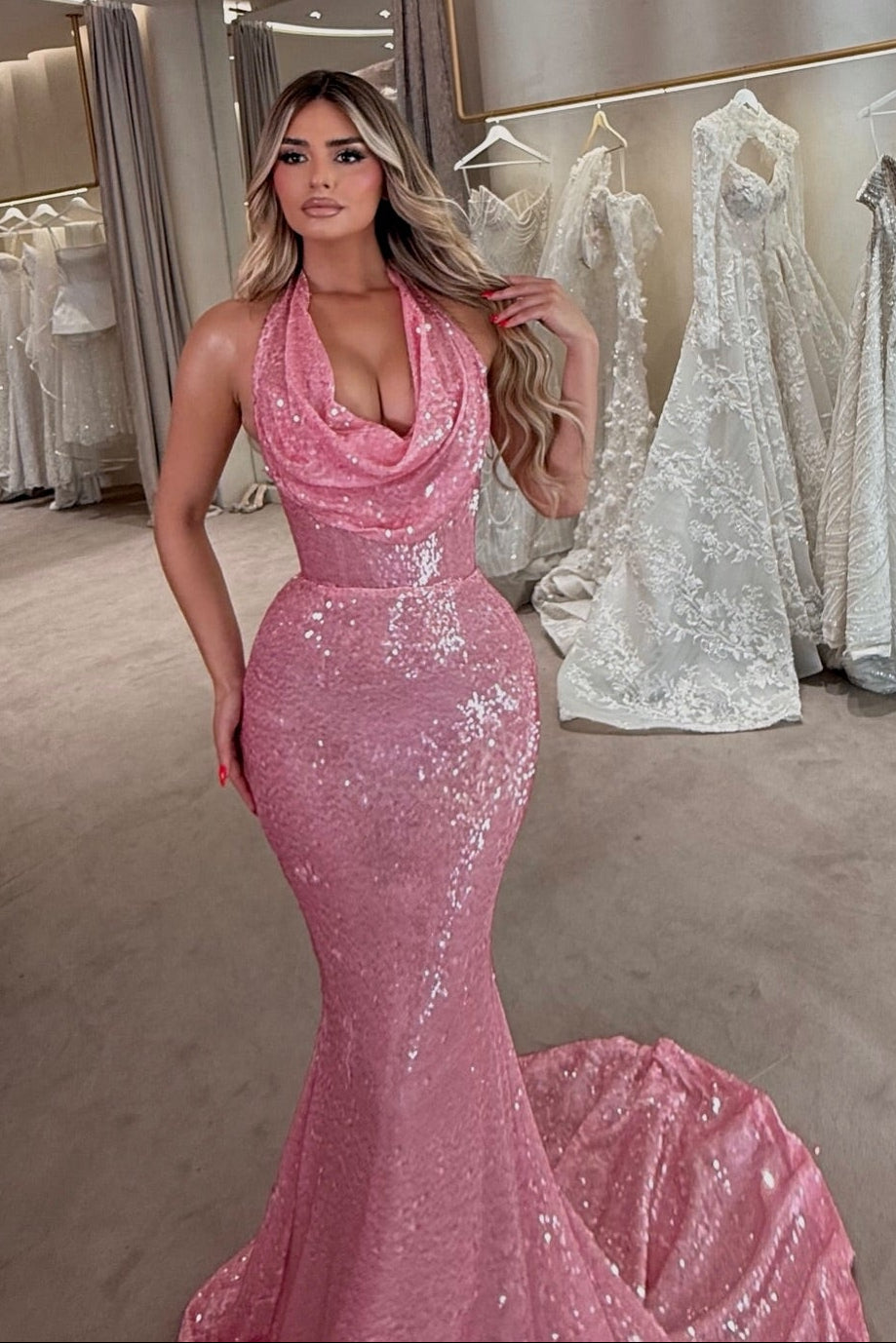 Halter Cowl Neck Sequin Mermaid Evening Gown