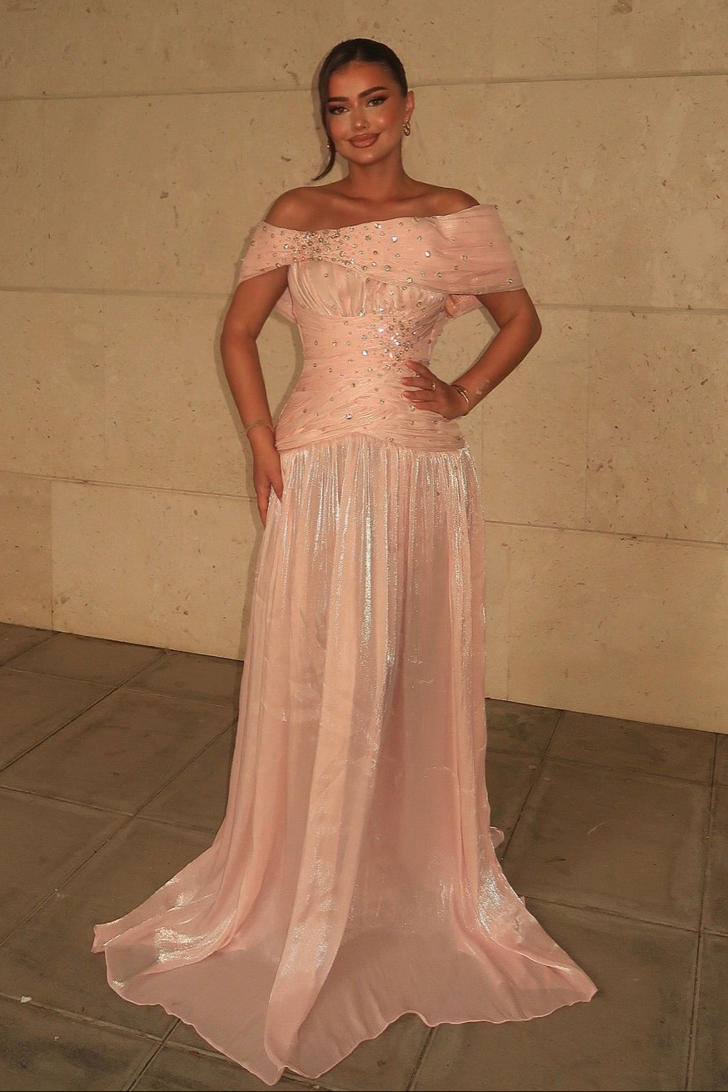 Off-the-Shoulder Ruched Gown with Rhinestones