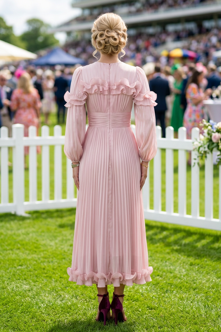 Pleated Ruffle Midi Dress with Bishop Sleeves