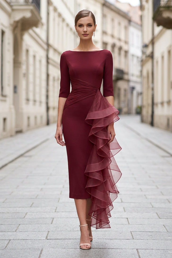 Midi Sheath Dress with Asymmetrical Ruffle