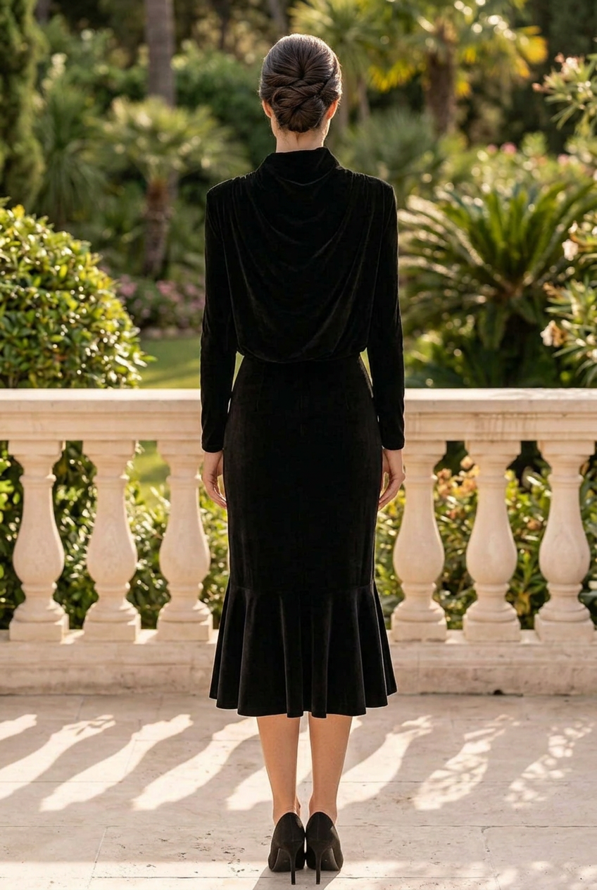 Cowl High-Neck Velvet Flounce Midi Dress