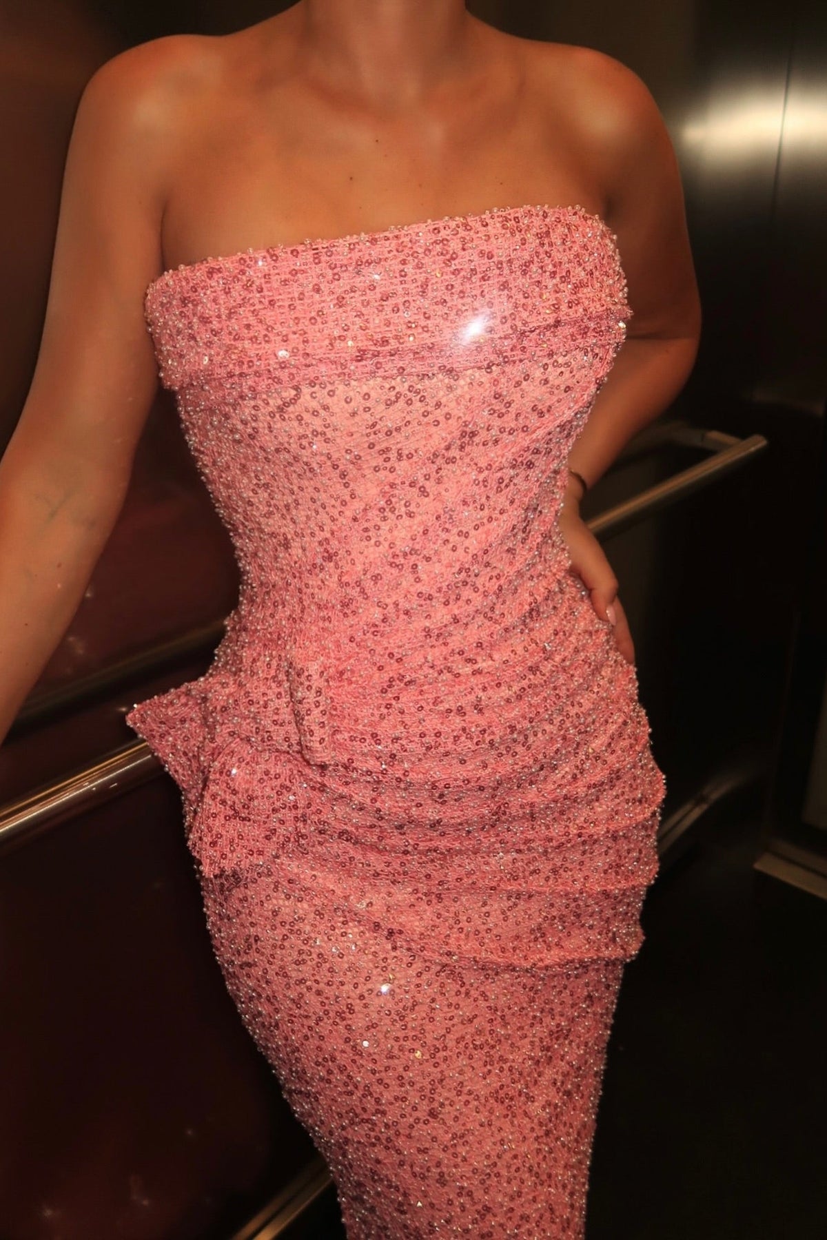 Strapless Beaded Column Gown with Waist Accent