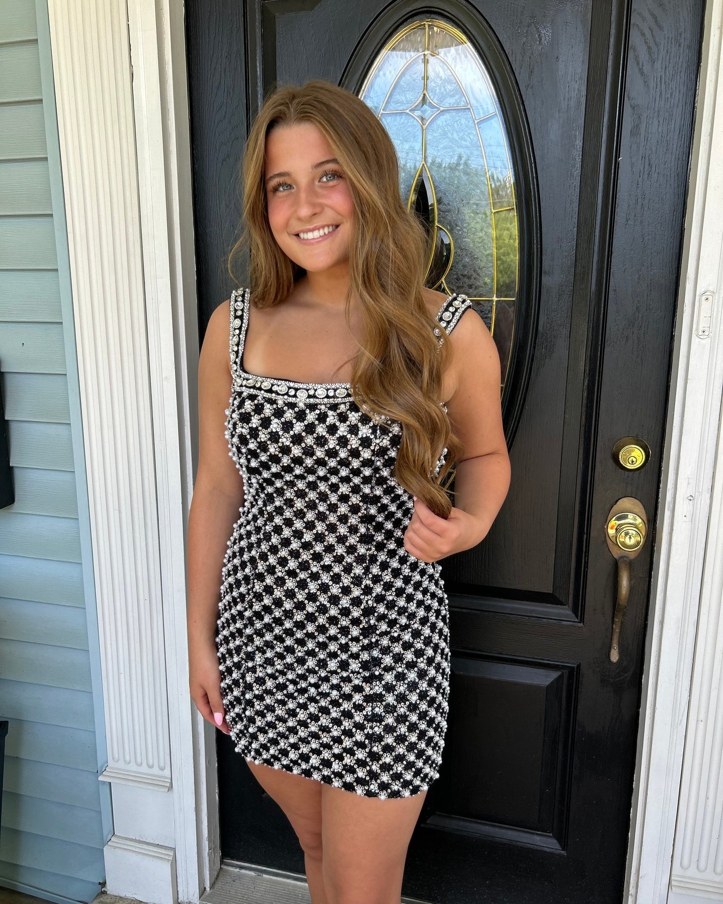 Pearl Embellished Grid Pattern Mini Dress