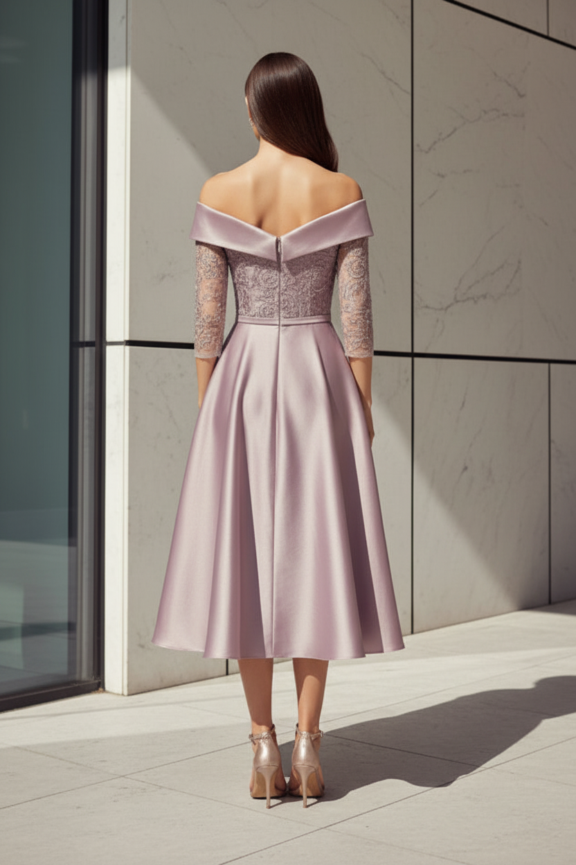 Off-Shoulder Lace Midi Dress with Overskirt